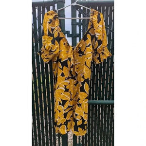 Women's 100% linen puff sleeve floral black & mustard dress midi length size 2XL